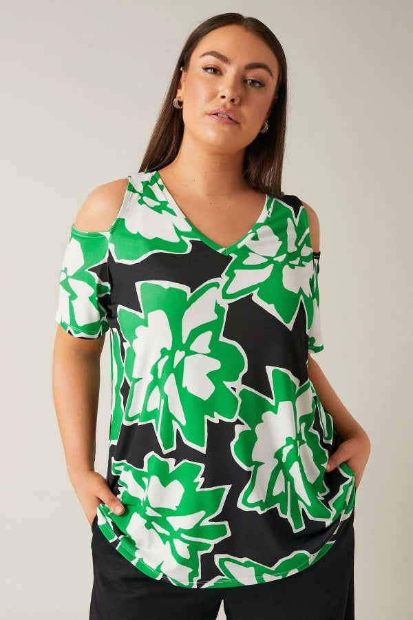 Büyük Beden Açık Omuz Detaylı V Yaka Kısa Kollu Desenli Bluz 615404 Vervegrand