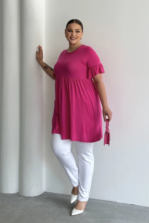 Büyük Beden Kol Detaylı Beli Lastikli Pileli Tunik T-shirt T41 Vervegrand