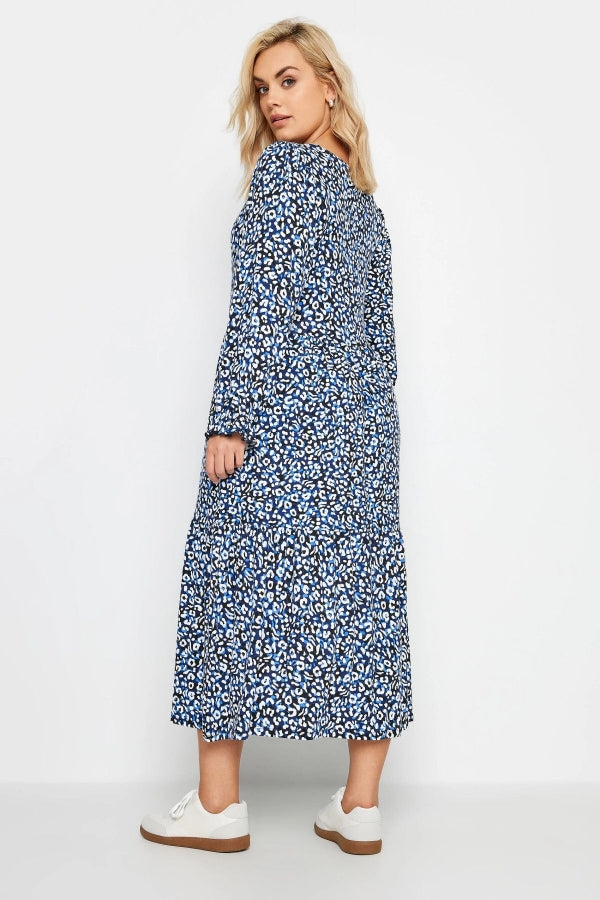 Büyük Beden Bisiklet Yaka Kolları Fırfırlı Leopar Desenli Elbise 137782 Vervegrand