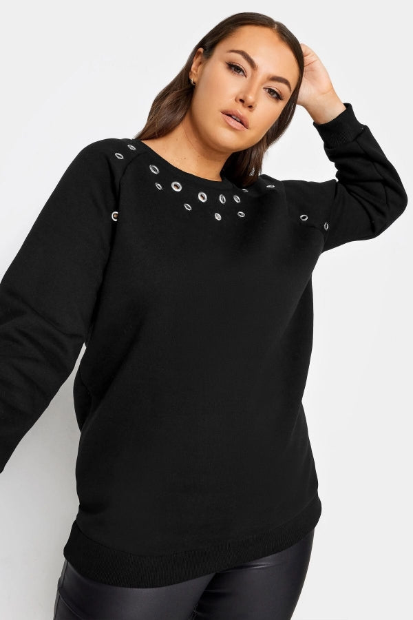 Büyük Beden Bisiklet Yaka Kuşgözü Detaylı Uzun Kollu Sweatshirt 302833 Vervegrand