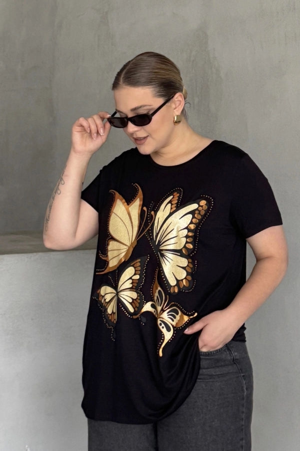 Büyük Beden Kelebek Baskılı Parlak Simli T-shirt 302275 Vervegrand