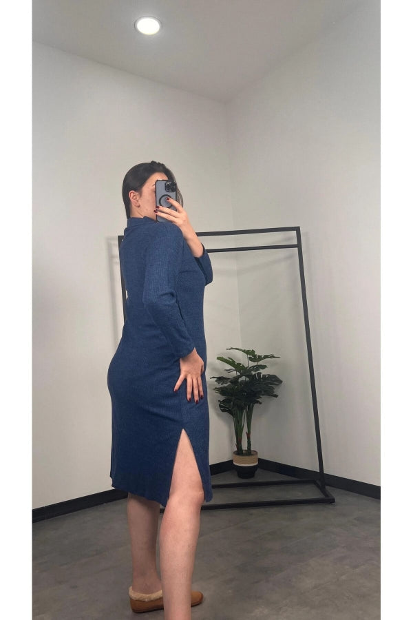 Büyük Beden Polo Yaka Yırtmaç Detaylı Midi Boy Triko Elbise 301514 Vervegrand