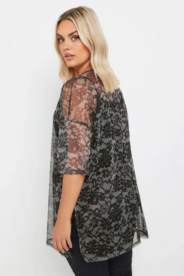 Büyük Beden Yarım Kollu İçi Astarlı Desenli Tül Bluz 303448 Vervegrand