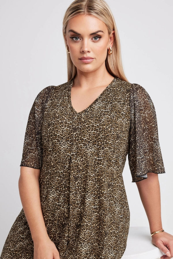 Büyük Beden V Yaka Kolları Tül Detaylı Leopar Desenli Bluz 321823 Vervegrand