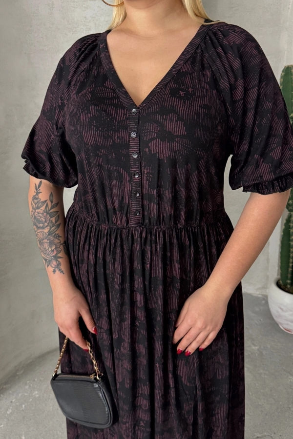 Büyük Beden Kısa Kollu V Yaka Önü Düğmeli Beli Lastikli Elbise 303699 Vervegrand