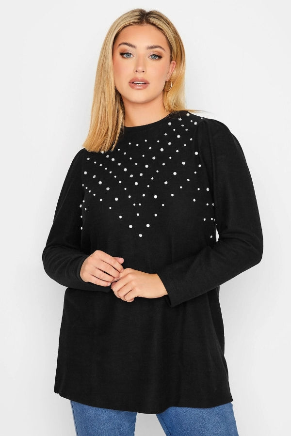 Büyük Beden Bisiklet Yaka Yumuşak Dokulu İnci İşlemeli Bluz 301421 Vervegrand