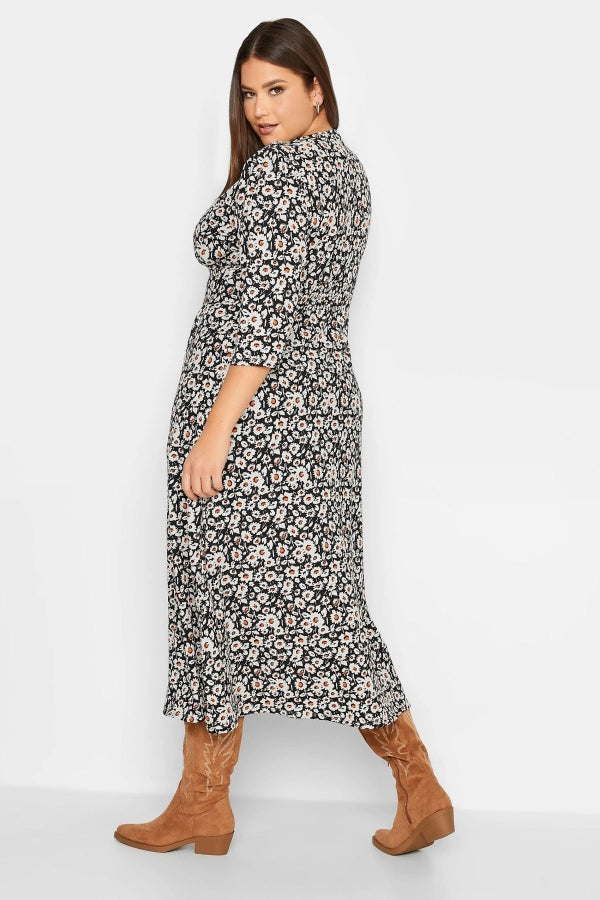 Büyük Beden V Yaka Fakir Kol Çiçek Desenli Midi Boy Elbise 301865 Vervegrand