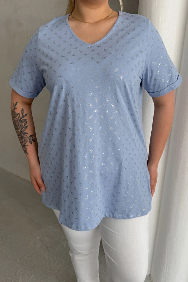 Büyük Beden Kısa Kollu V Yaka Yanları Yırtmaçlı Metalik Baskılı T-shirt 97-46 Vervegrand