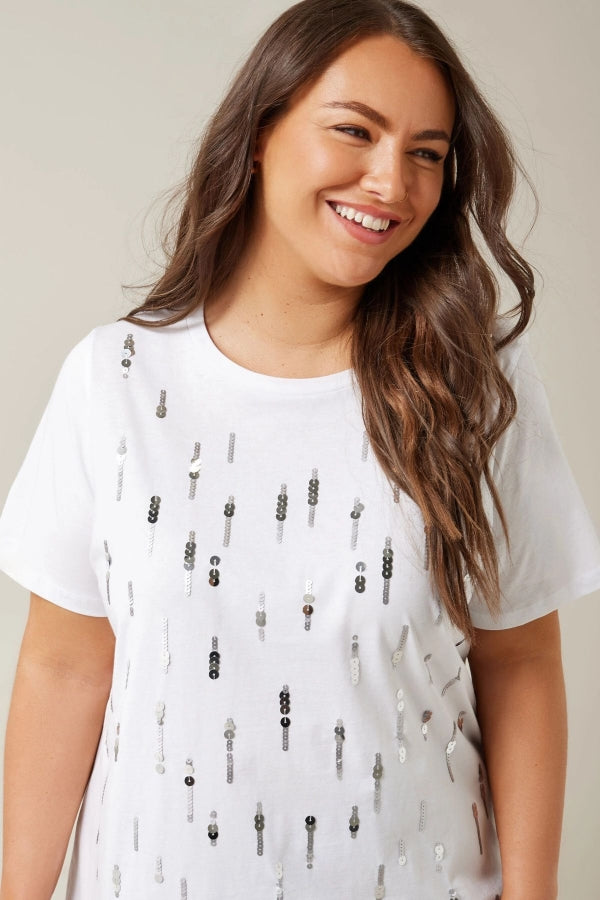 Büyük Beden Bisiklet Yaka Payet Süslemeli Kısa Kollu T-shirt 615558 Vervegrand