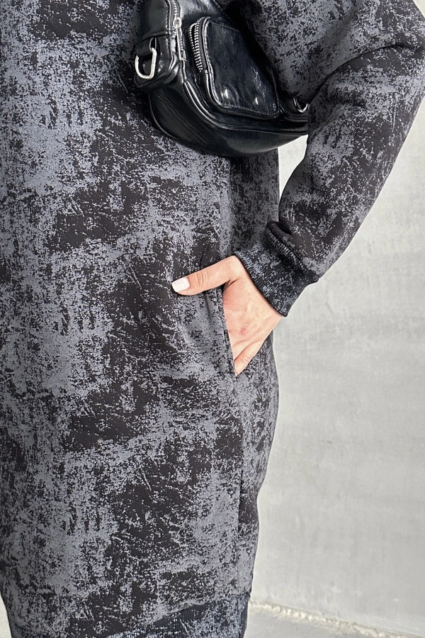 Büyük Beden Uzun Kollu Bisiklet Yaka Cepli Desenli Elbise 106-75 Vervegrand