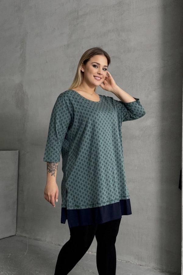 Büyük Beden Bisiklet Yaka Fakir Kol Yırtmaçlı Desenli Bluz 300400 Vervegrand