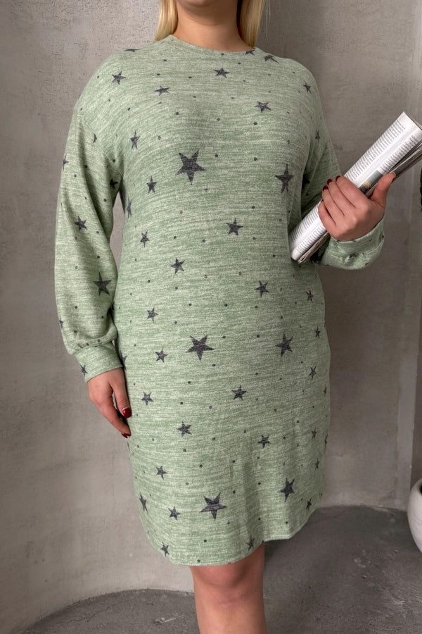 Büyük Beden Uzun Kollu Bisiklet Yaka Yıldız Desenli Esnek Elbise 84-158 Vervegrand