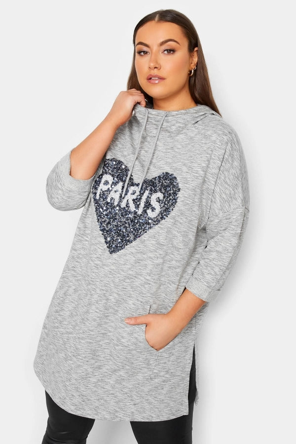 Büyük Beden Kapüşonlu Yırtmaç Detaylı Önü Cepli Payet İşlemeli Uzun Kollu Sweatshirt 301644 Vervegrand