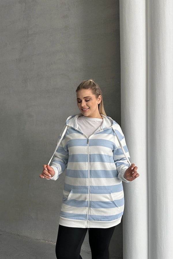 Büyük Beden Uzun Kollu Kapüşonlu Cepli Fermuarlı Hırka 74-104 Vervegrand