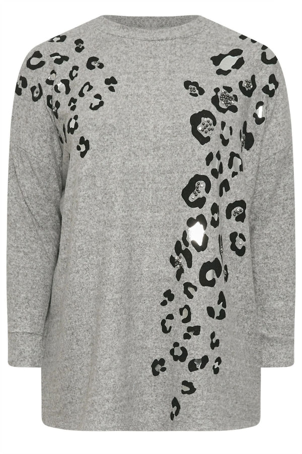 Büyük Beden Yumuşak Dokulu Leopar Baskılı Uzun Kollu Kazak 322221 Vervegrand