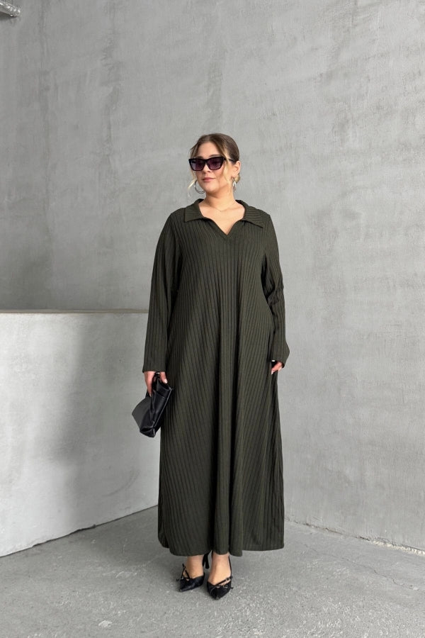 Büyük Beden V Yaka Uzun Kollu Fitilli Eteği Bollaşan Uzun Elbise 322182 Vervegrand
