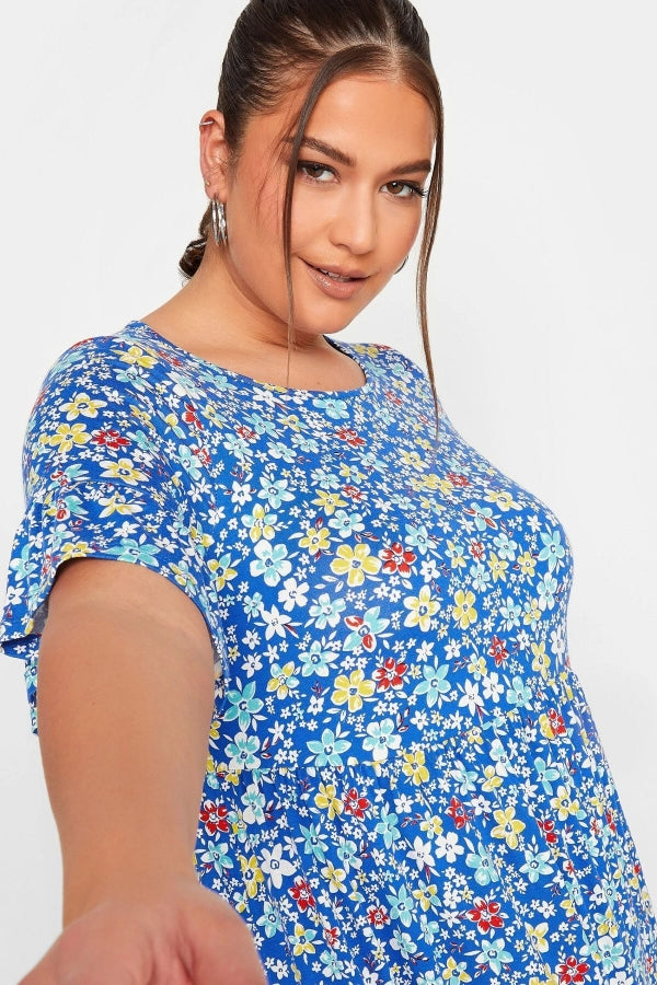 Büyük Beden Desenli Kolları Fırfırlı Yarım Kol Likralı Kısa Elbise 302360 Vervegrand