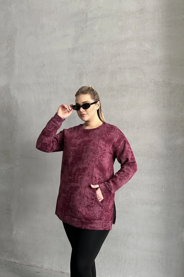 Büyük Beden Uzun Kollu Bisiklet Yaka Önü Cepli Desenli Sweatshirt 106-78 Vervegrand