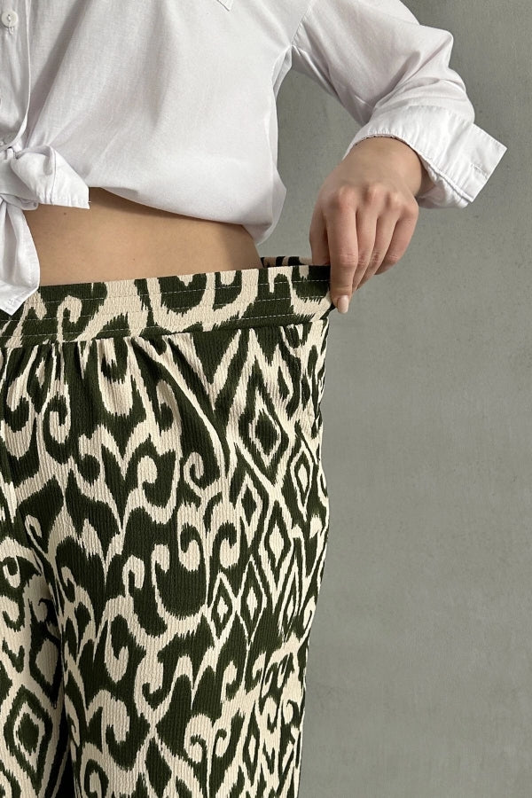 Haki Bej Büyük Beden Beli Lastikli Bol Paça Desenli Cepli Pantolon 303654 Vervegrand