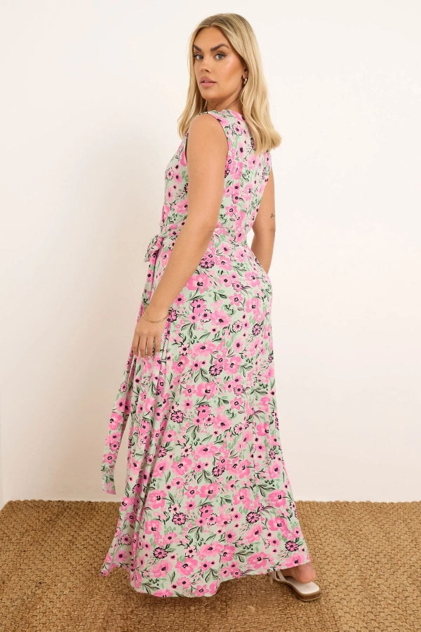 Büyük Beden V Yaka Sıfır Kol Beli Kuşaklı Desenli Maxi Elbise 303990 Vervegrand