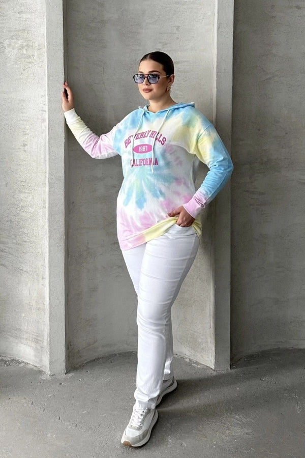 Büyük Beden Batik Desenli Kapüşonlu Baskılı İnce Sweatshirt 303144 Vervegrand