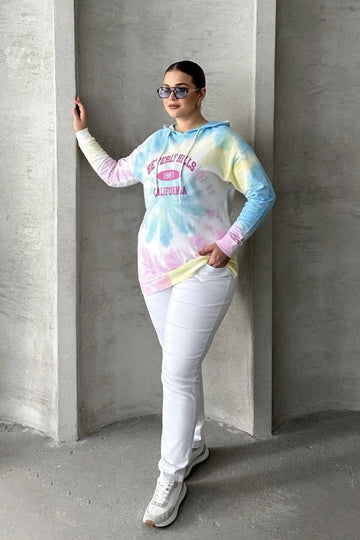 Büyük Beden Batik Desenli Kapüşonlu Baskılı İnce Sweatshirt 303144 Vervegrand