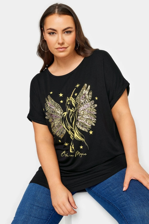 Büyük Beden Bisiklet Yaka Kısa Kollu Metalik Baskılı T-shirt 302894 Vervegrand