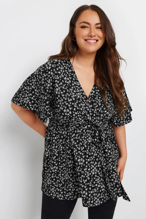 Büyük Beden V Yaka Bağlama Detaylı Desenli Kruvaze Bluz 321936 Vervegrand