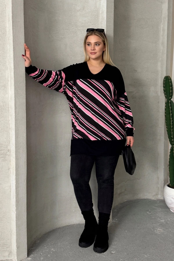 Büyük Beden V Yaka Uzun Kollu Bileği Lastikli Yırtmaçlı Bluz 303086 Vervegrand