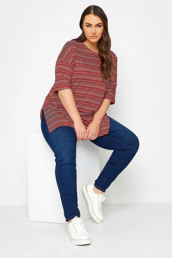 Büyük Beden Bisiklet Yaka Yarım Kollu Yırtmaç Detaylı Çizgili T-shirt 302948 Vervegrand