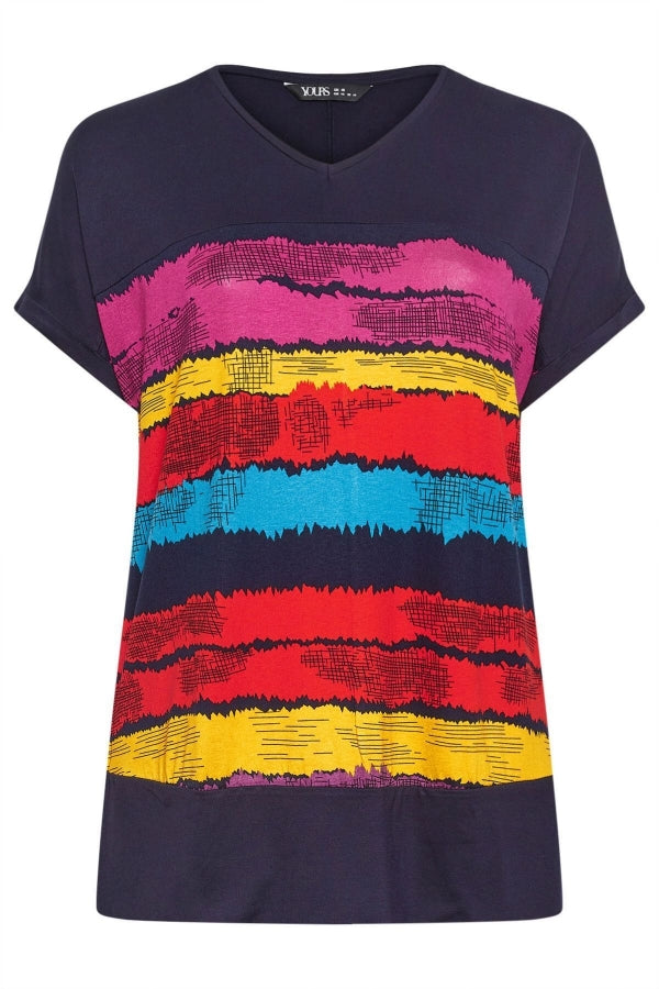 Büyük Beden V Yaka Kısa Kollu Çizgili T-shirt 303120 Vervegrand