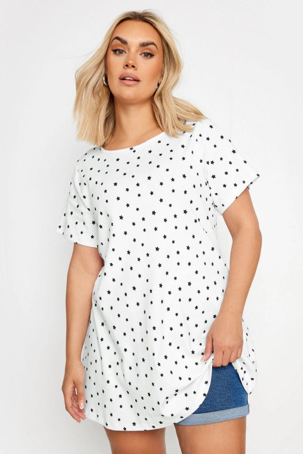 Büyük Beden Bisiklet Yaka Kısa Kollu Yıldız Baskılı T-shirt 303258 Vervegrand