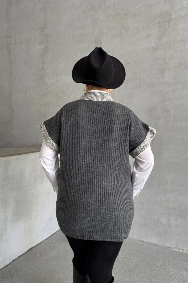 Büyük Beden V Yaka Kısa Kollu Triko Süveter 302138 Vervegrand