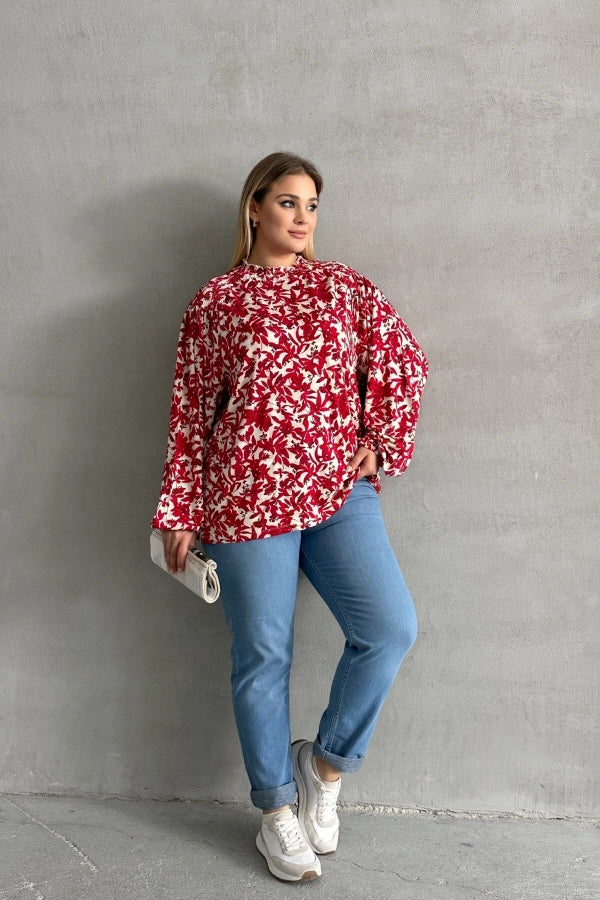 Büyük Beden Yakası Büzgülü Uzun Kollu Desenli Bluz E15233 Vervegrand