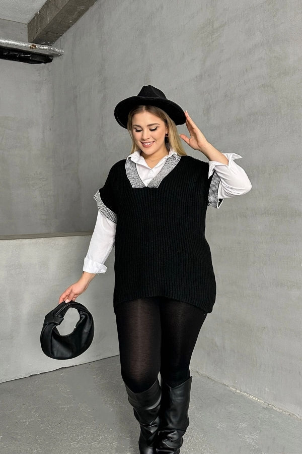 Büyük Beden V Yaka Kısa Kollu Triko Süveter 302139 Vervegrand