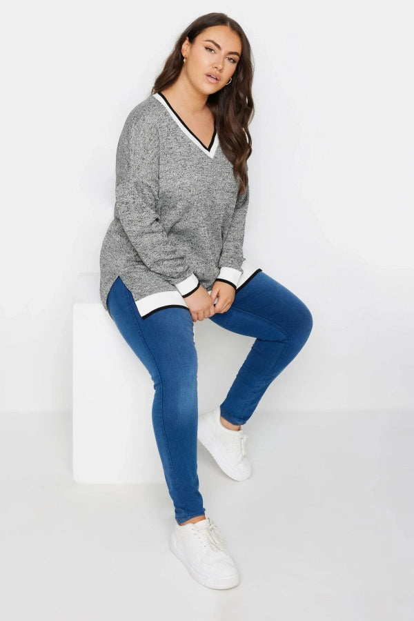 Büyük Beden V Yaka Uzun Kollu Şerit Detaylı Örgü Kazak 303222 Vervegrand