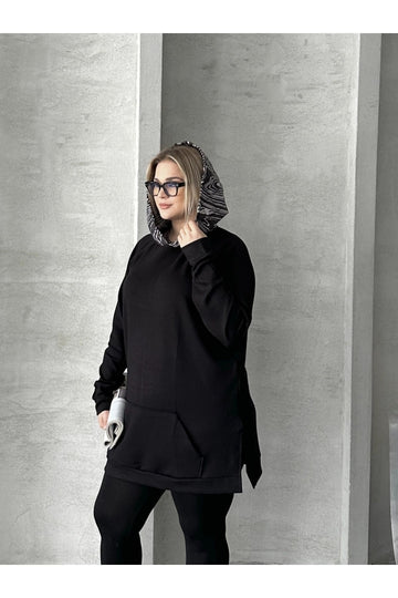 Vervegrand büyük beden siyah kapüşonlu kanguru cepli sweatshirt
