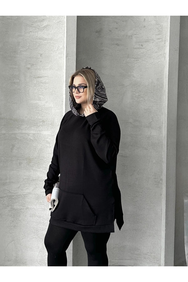 Büyük Beden Uzun Kollu Kapüşonlu Kanguru Cepli Yanları Yırtmaçlı Sweatshirt 300372 Vervegrand