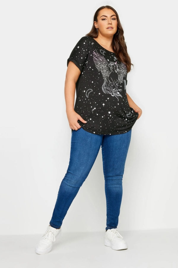 Büyük Beden Bisiklet Yaka Kısa Kollu Metalik Baskılı T-shirt 302893 Vervegrand