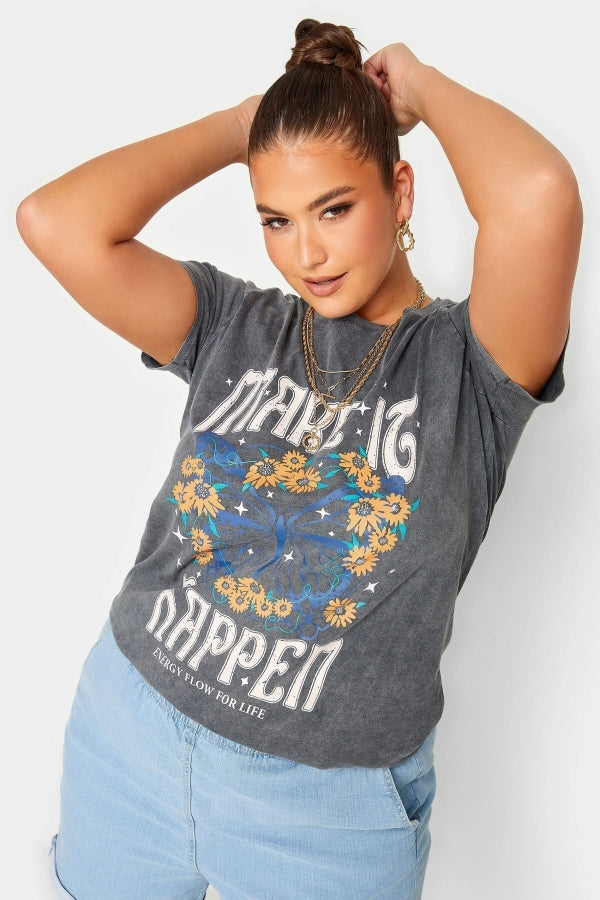 Vervegrand gri renkli büyük beden baskılı t-shirt yakın çekim