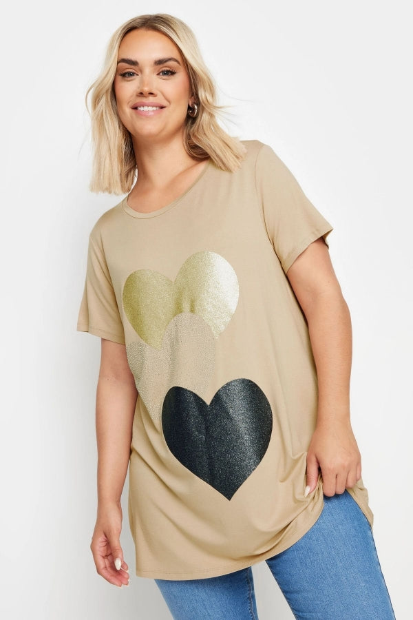 Büyük Beden Bisiklet Yaka Kısa Kollu Parıltılı Baskılı T-shirt 302277 Vervegrand