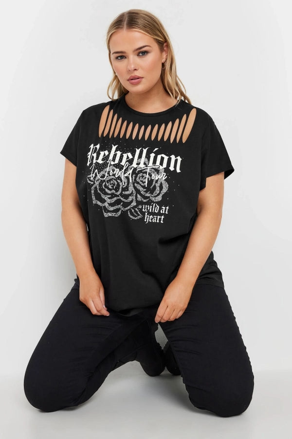 Büyük Beden Bisiklet Yaka Yırtık Detaylı Kısa Kollu Baskılı T-shirt 322124 Vervegrand