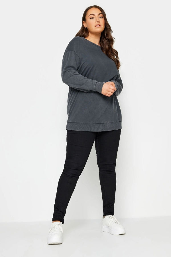 Büyük Beden Bisiklet Yaka Sırt Detaylı Uzun Kollu Yıkamalı Sweatshirt 302775 Vervegrand