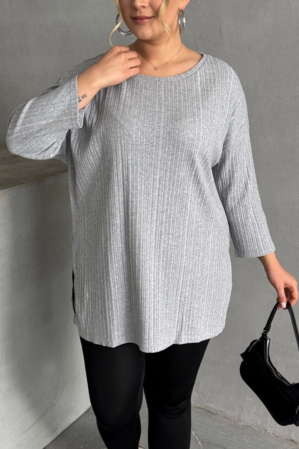 Büyük Beden Bisiklet Yaka Yarım Kollu Yırtmaçlı Fitilli İnce Bluz 173712 Vervegrand