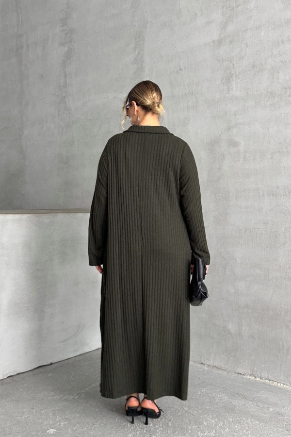 Büyük Beden V Yaka Uzun Kollu Fitilli Eteği Bollaşan Uzun Elbise 322182 Vervegrand