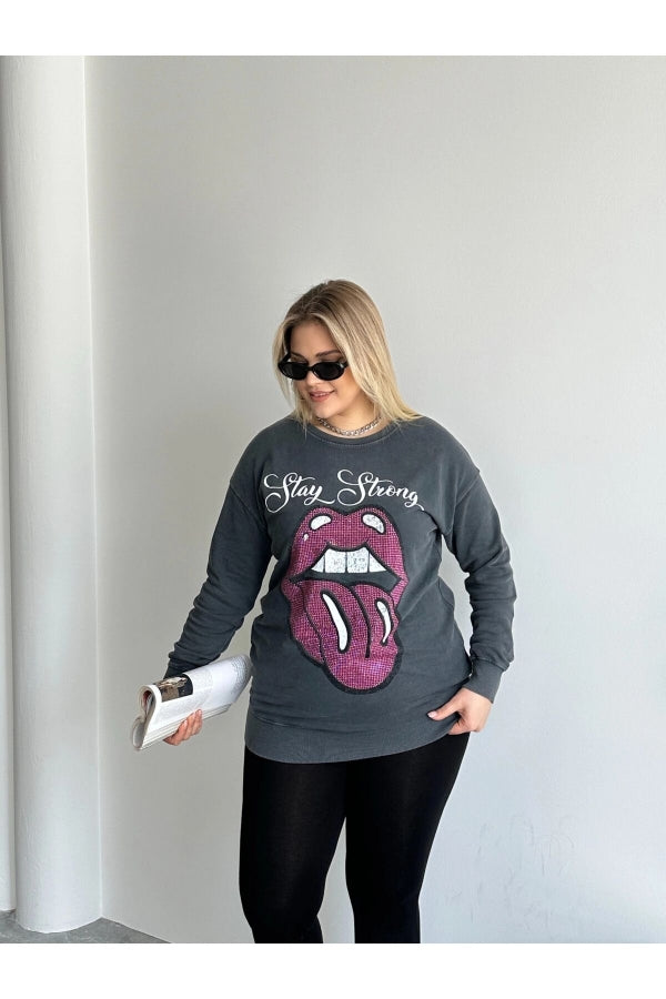 Büyük Beden Bisiklet Yaka Baskılı Pul Detaylı Yıkamalı Sweatshirt 301252 Vervegrand