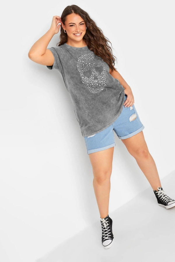 Büyük Beden Yıldızlı Kuru Kafa Baskılı Yıkamalı Yarım Kollu T-shirt 302191 Vervegrand