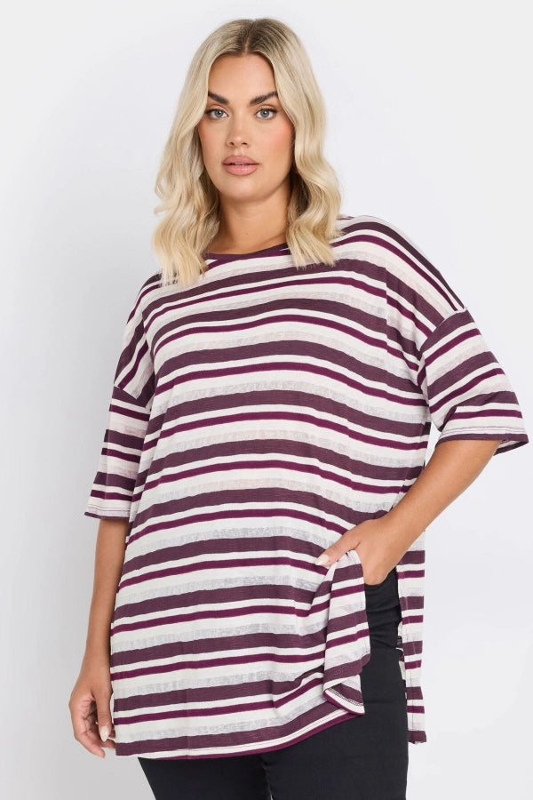 Büyük Beden Yanları Yırtmaçlı Kısa Kollu Bisiklet Yaka Çizgili T-shirt 303668 Vervegrand