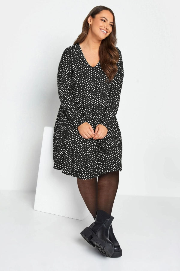 Büyük Beden V Yaka Puantiye Desenli Uzun Kollu Kısa Elbise 137621 Vervegrand