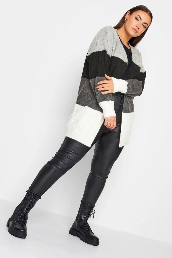 Büyük Beden Midi Boy Çizgili Uzun Kollu Triko Örme Hırka 302144 Vervegrand